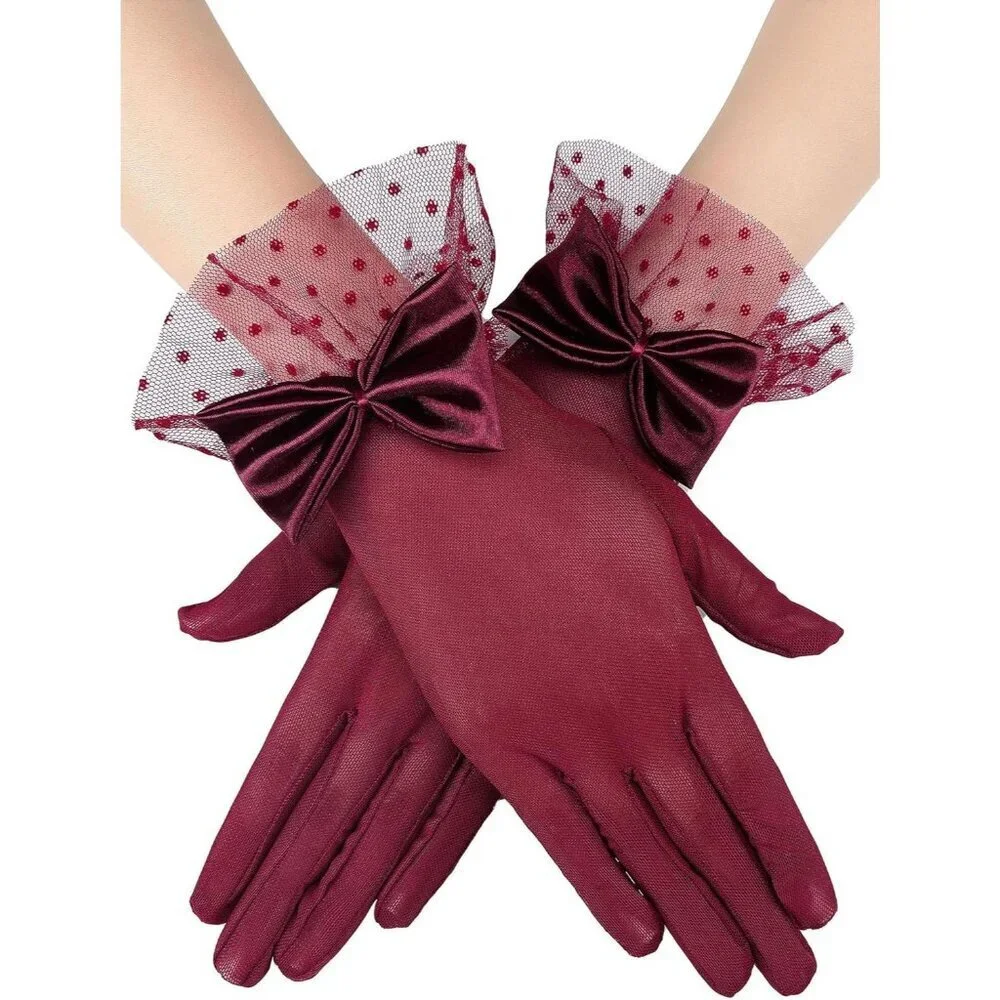 Women's Short Burgundy Bow Lace Gloves Party Elegant Opera Wedding Accessories